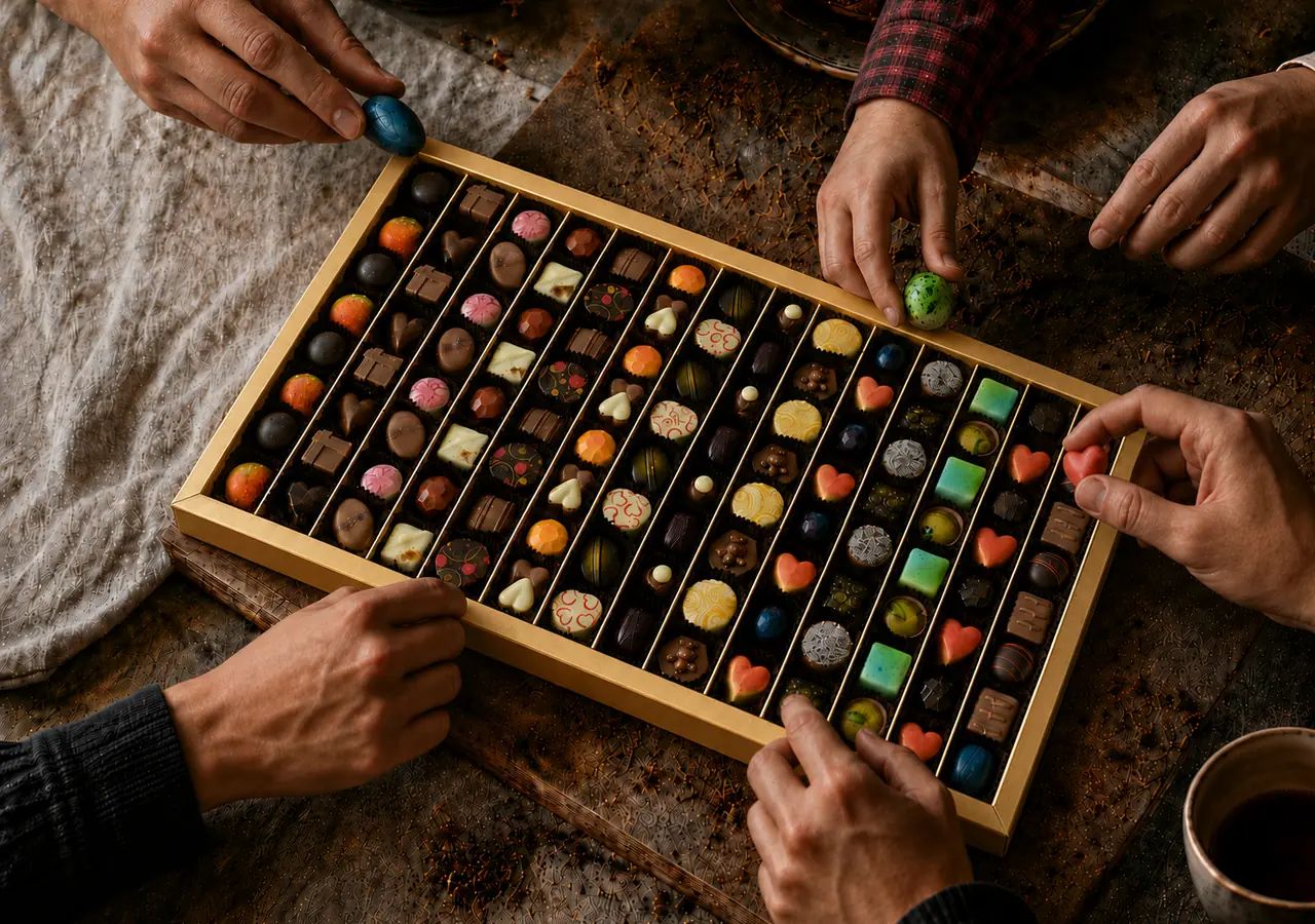 Rodina vyberá ručne vyrábané pralinky zo zlatej bonboniéry Chocolate Patrik